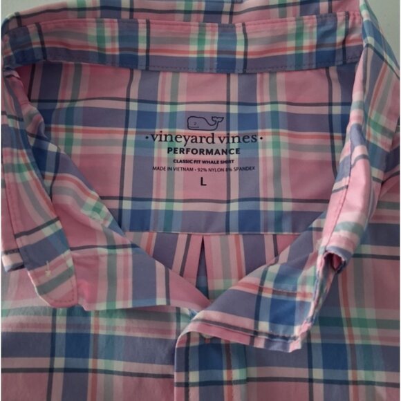 Vineyard Vines Button Shirt Mens Large Blue Pink Plaid Performance Classic Logo - Picture 7 of 10